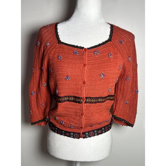 Unbranded Sweaters - Vintage Orange Beaded Crocheted Brocade Ribbon Details Button Up Square Neck Top